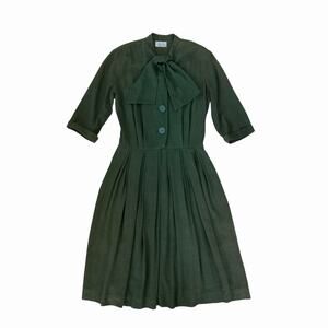 Vintage 50’s Nelly Don Moss Green Gabardine Shirtwaist Dress w/ Pleated Skirt, M